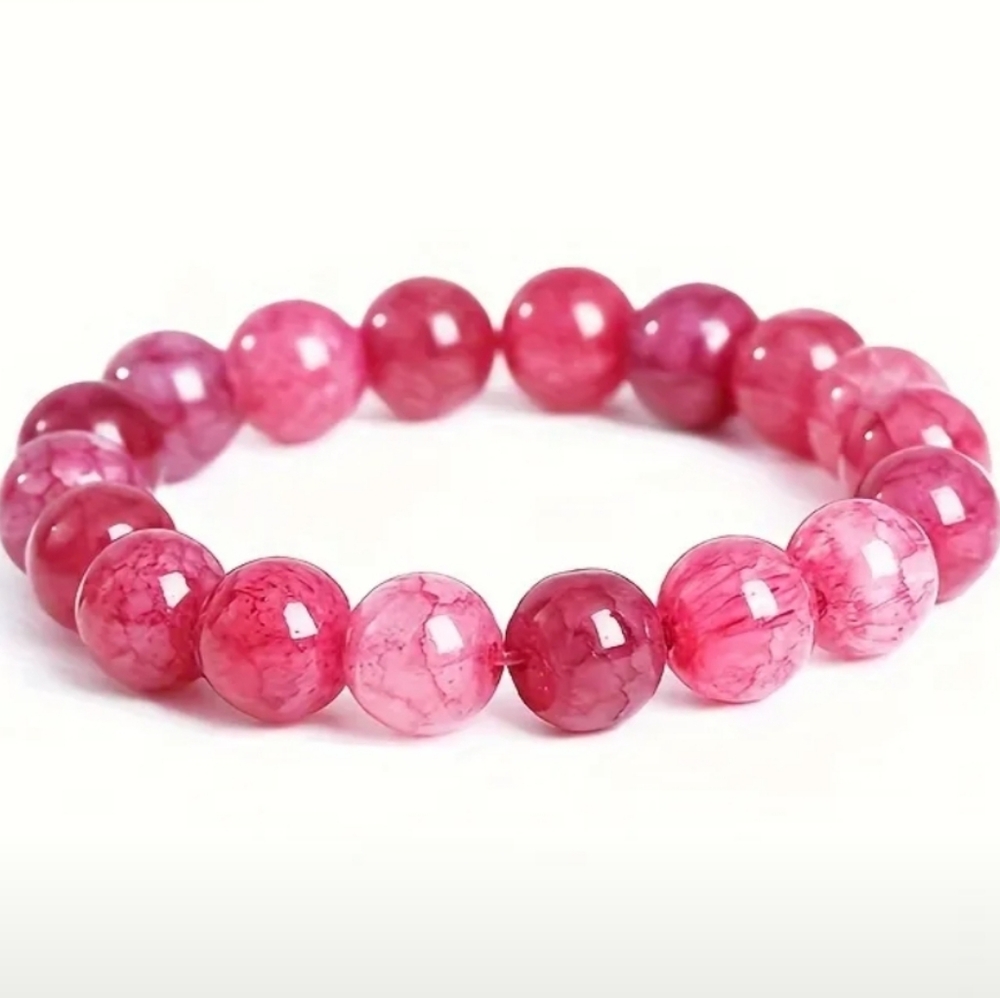Strawberry Pink Crackle Glass Stretch Beaded Bracelet. NWT